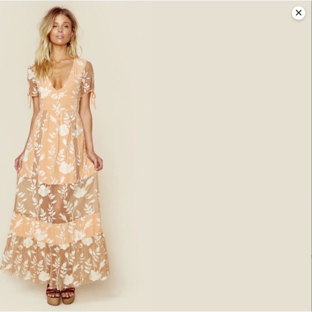 For Love & Lemons Mia Maxi Dress XS Peach Floral Embroidered Sheer Boho Wedding